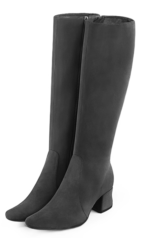 Dark grey women's feminine knee-high boots. Round toe. Low flare heels. Made to measure. Front view - Florence KOOIJMAN